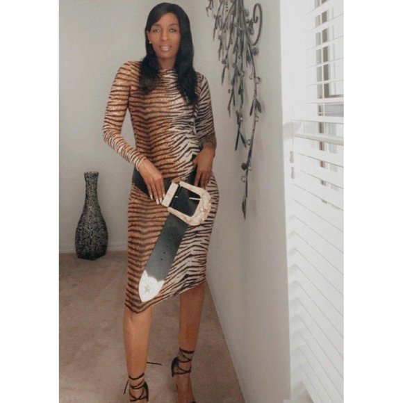 Tiger Striped Fitted Midi Dress - Picture 1 of 8